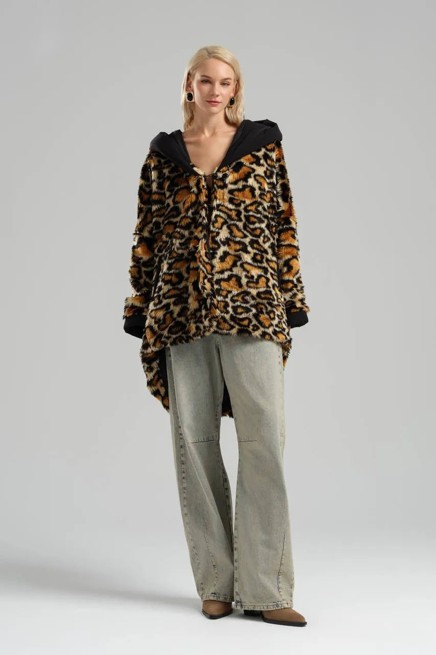  TW3 Mantel in Vokuhila-Form, aus Materialmix, 972, Leopard, Kuschelig, Ausgefallen