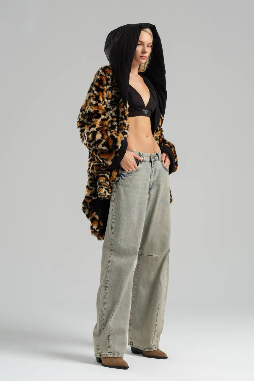  TW3 Mantel in Vokuhila-Form, aus Materialmix, 972, Leopard, Kuschelig, Ausgefallen