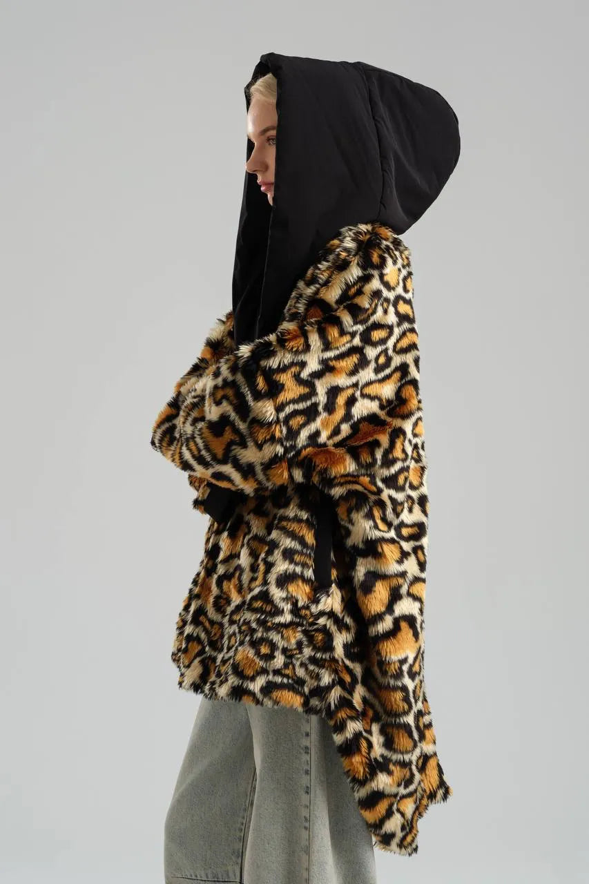  TW3 Mantel in Vokuhila-Form, aus Materialmix, 972, Leopard, Kuschelig, Ausgefallen