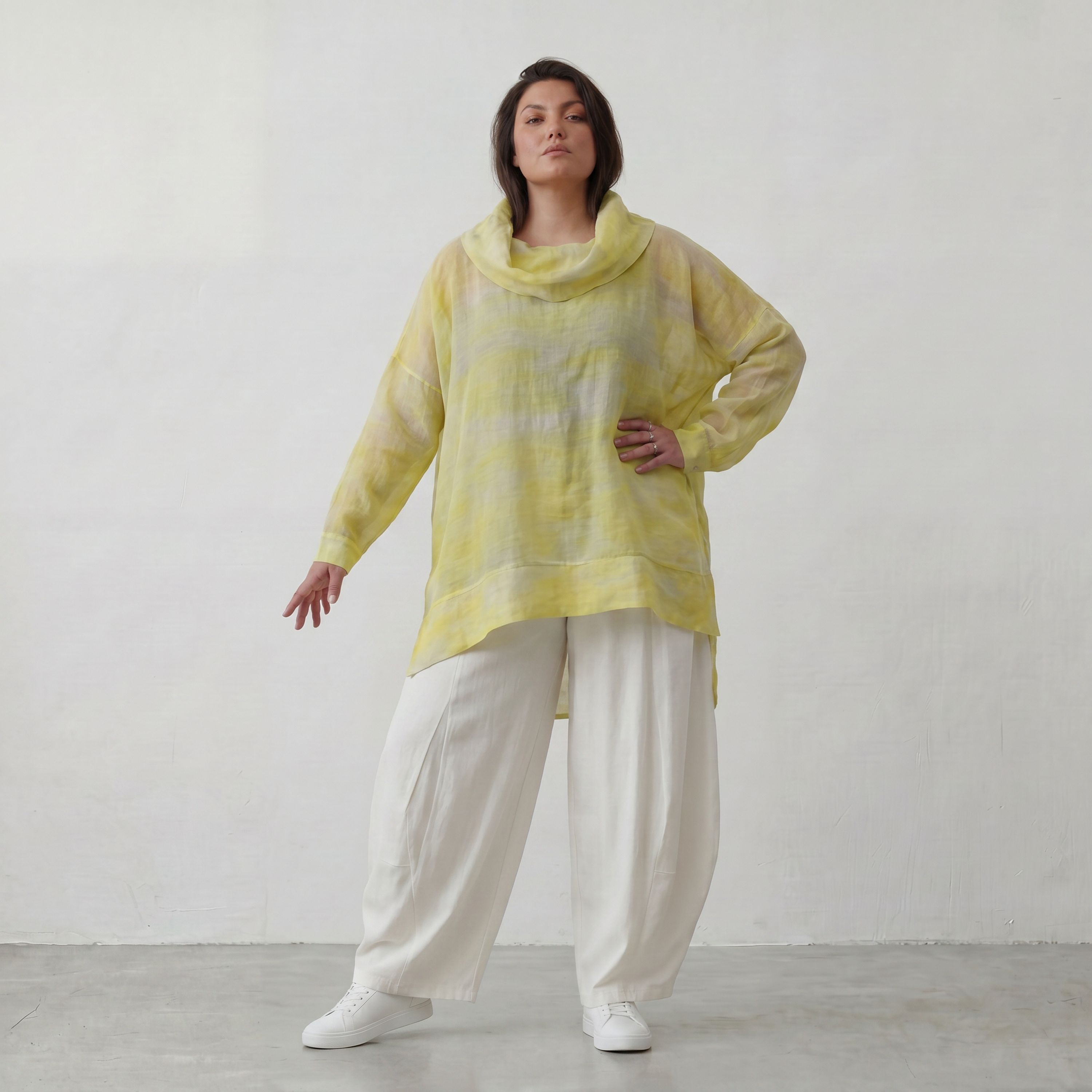 Gelb/Grau Oversize Lagenlook Shirt mit Crashstruktur asymmetrisch leger zeitlos softfeel