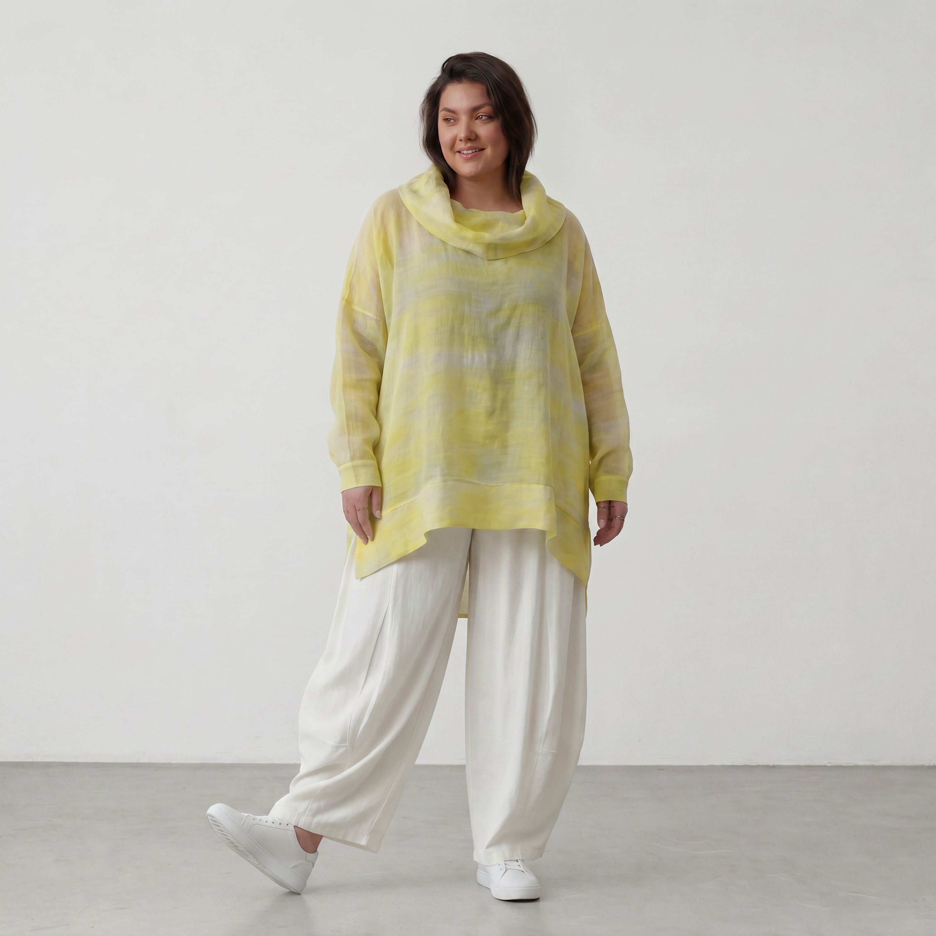 Gelb/Grau Oversize Lagenlook Shirt mit Crashstruktur asymmetrisch leger zeitlos softfeel