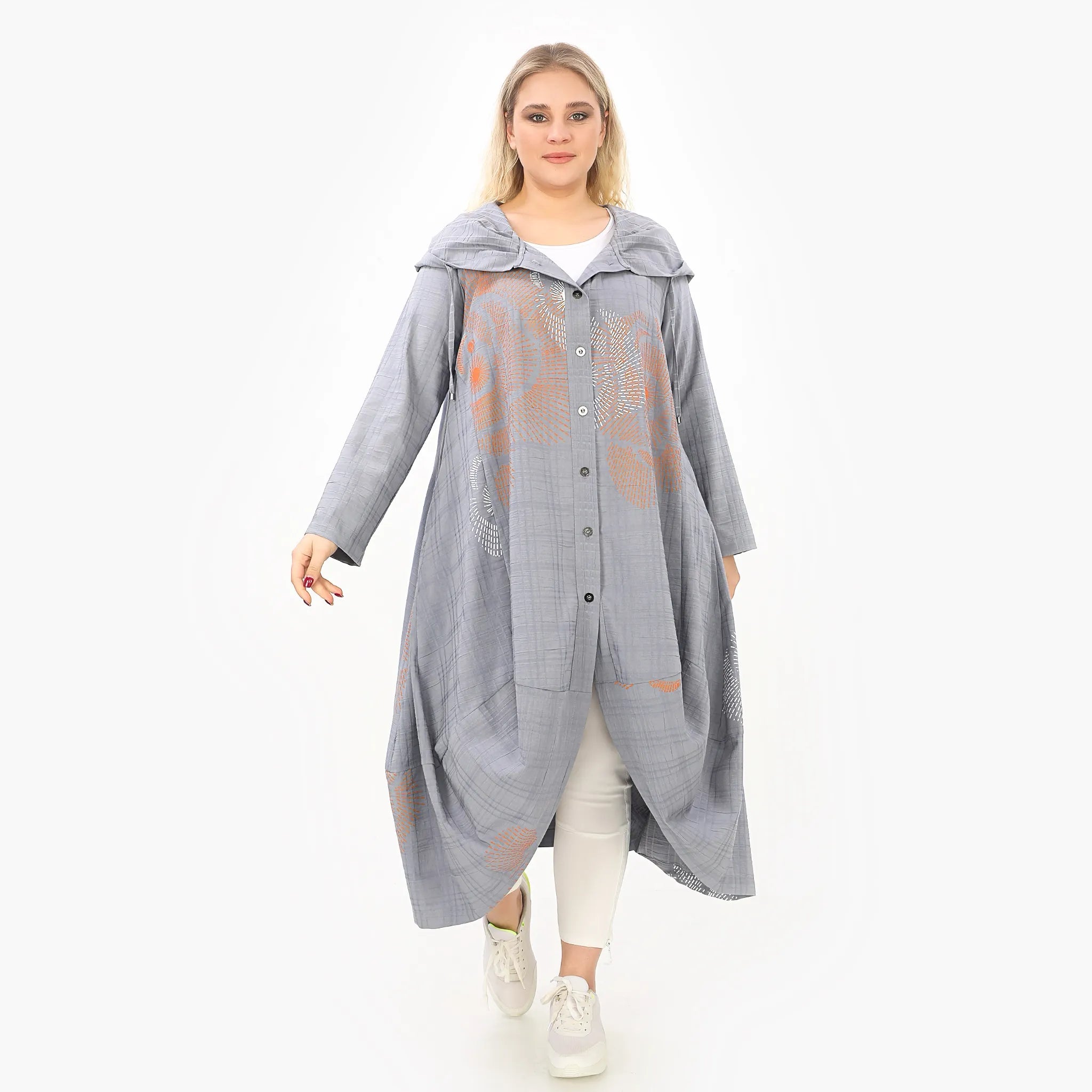  Ballonmantel von Zedd Plus aus Viskose, 25079, Grau/Orange/Weiß, Abstrakt, Schick, Modern
