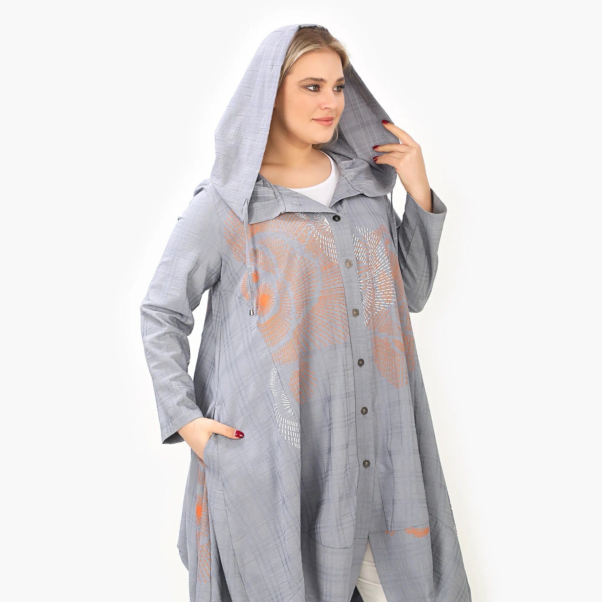  Ballonmantel von Zedd Plus aus Viskose, 25079, Grau/Orange/Weiß, Abstrakt, Schick, Modern