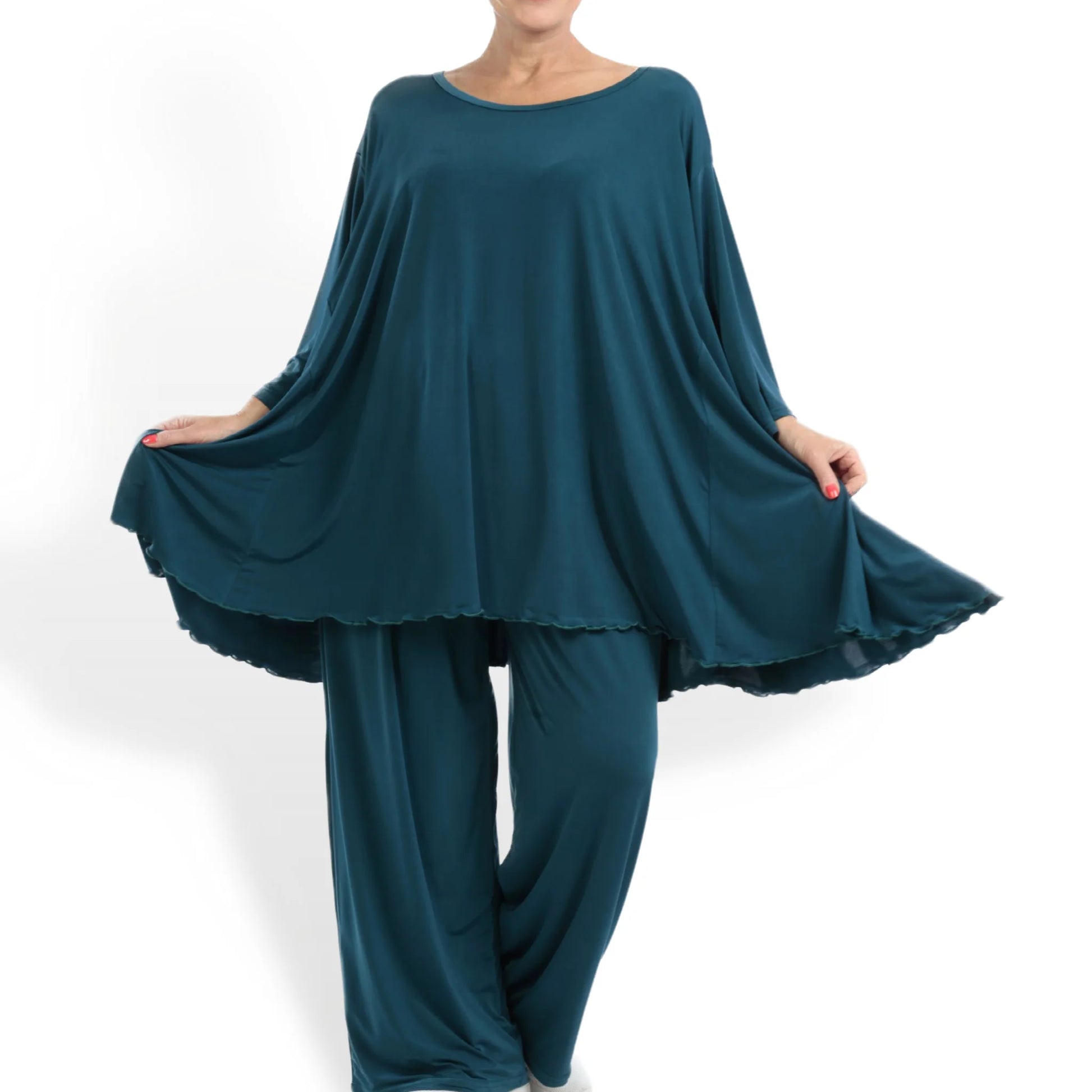  Elegantes A-Form Shirt in schickem Petrol mit luftigem Slinky-Material in Plus Size