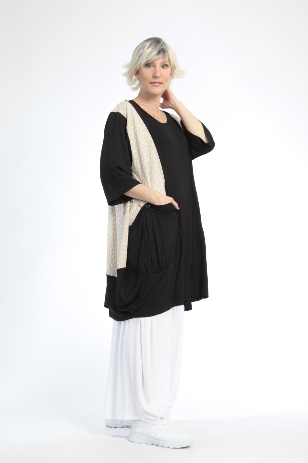  Ballonshirt von AKH Fashion aus Baumwolle, 0848.06767, Schwarz-Beige, Punkte, Schick