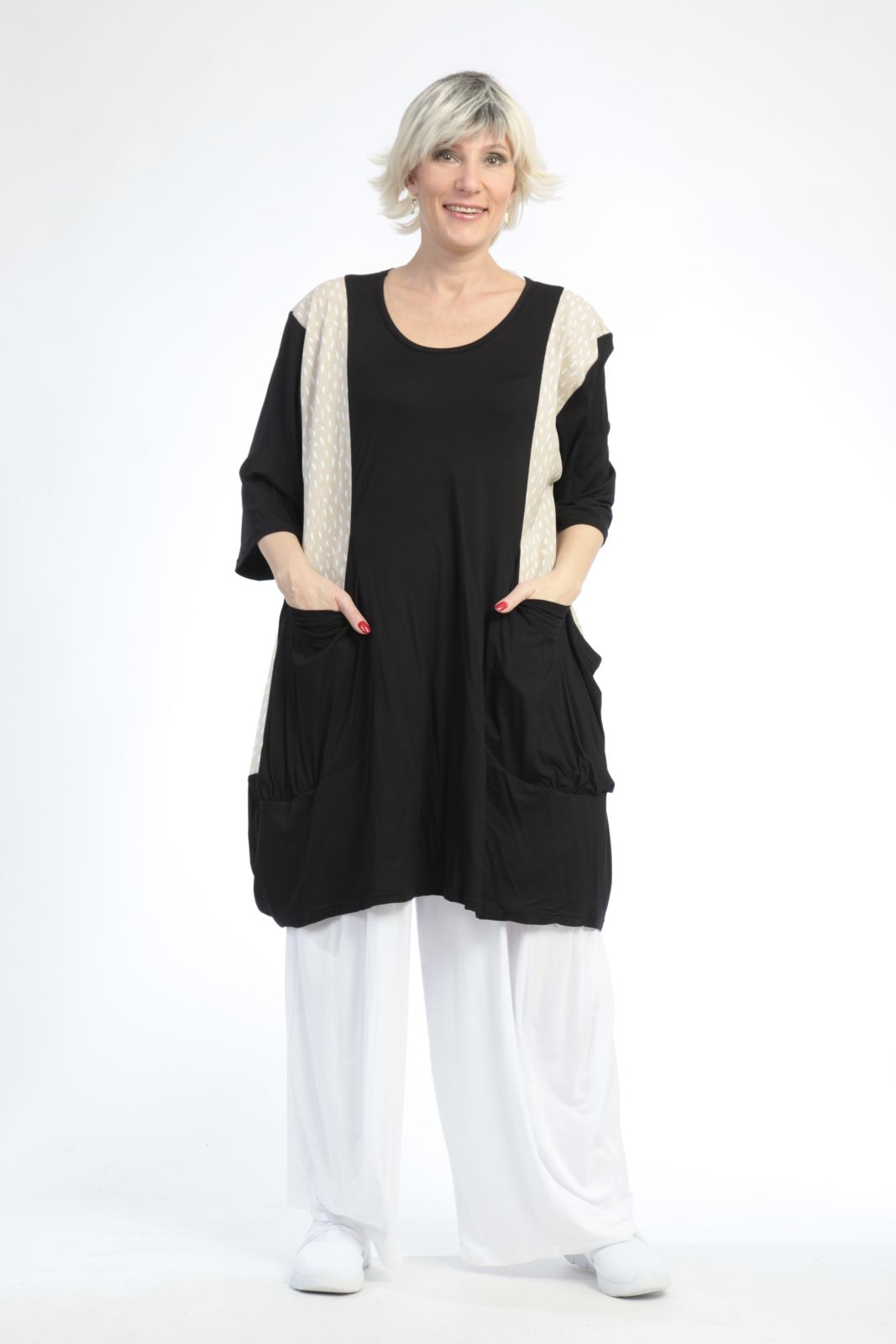  Ballonshirt von AKH Fashion aus Baumwolle, 0848.06767, Schwarz-Beige, Punkte, Schick