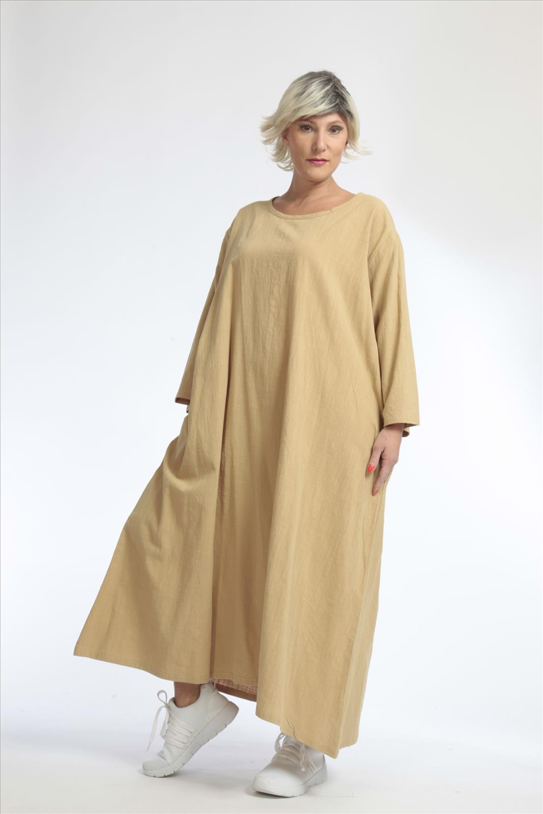  Oversize Ballonkleid in Beige mit eleganter Leinenoptik und praktischen Nahttaschen für Lagenlook