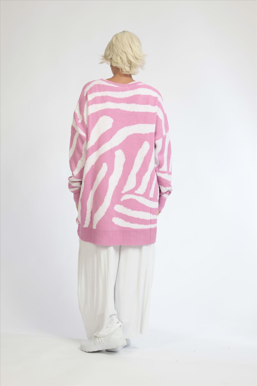  Sportlich-eleganter Damen-Pullover in kastiger Form mit weichem Rosa-Weiß Zebra-Muster