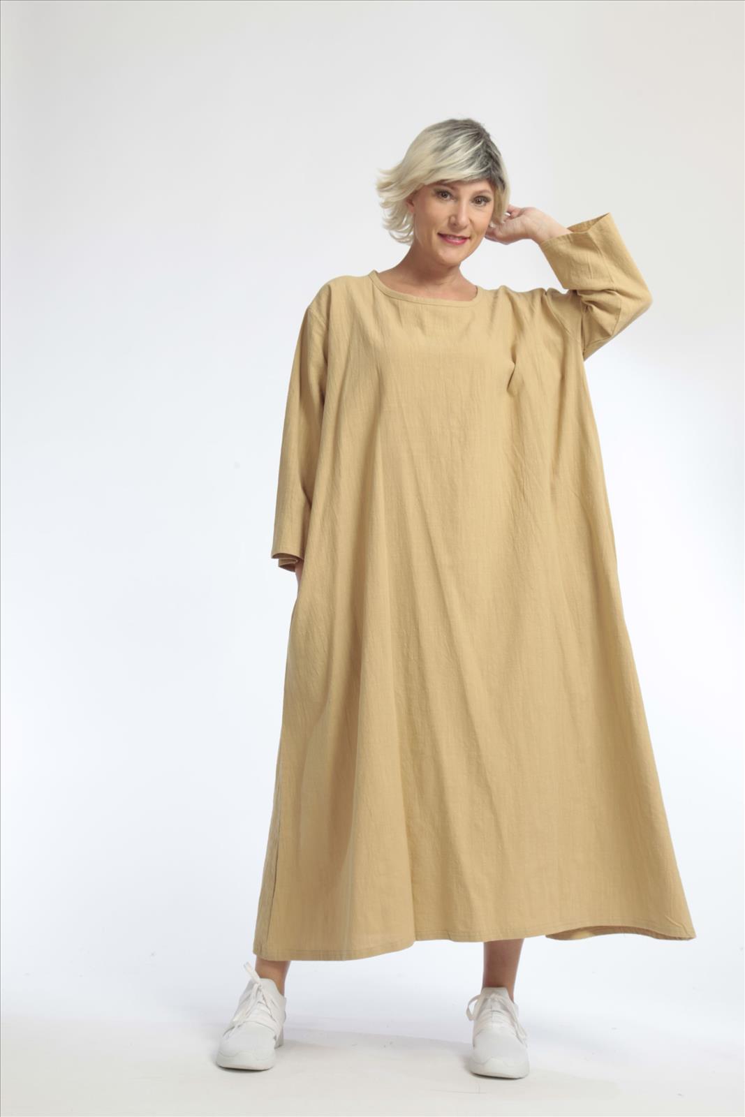  Oversize Ballonkleid in Beige mit eleganter Leinenoptik und praktischen Nahttaschen für Lagenlook