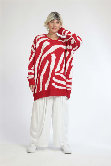  Modischer Damen Pullover in kastiger Form mit auffälligem Rot-Weiß Zebra-Print für Casual-Looks