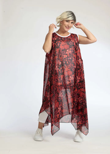  Elegante A-Form Tunika aus luftiger Chiffon in rot-schwarz mit floralem Muster für große Größen