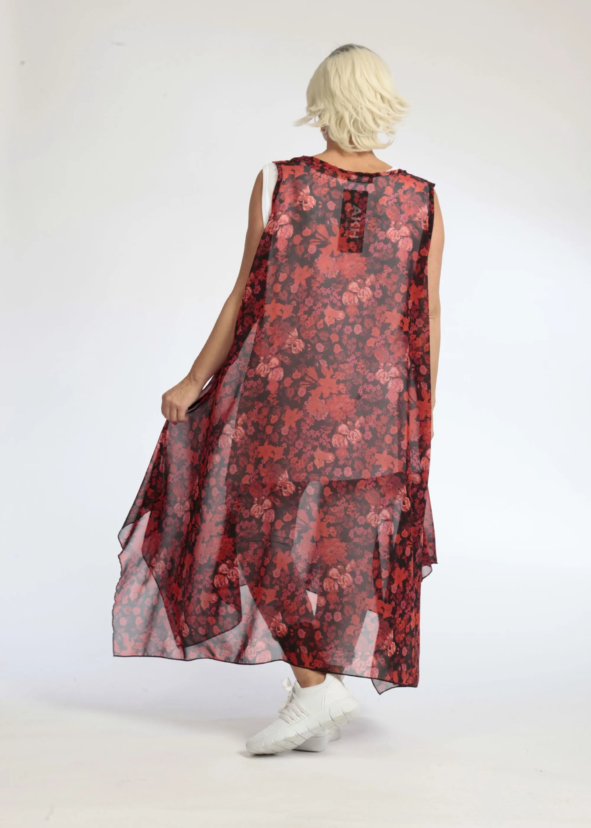  Elegante A-Form Tunika aus luftiger Chiffon in rot-schwarz mit floralem Muster für große Größen