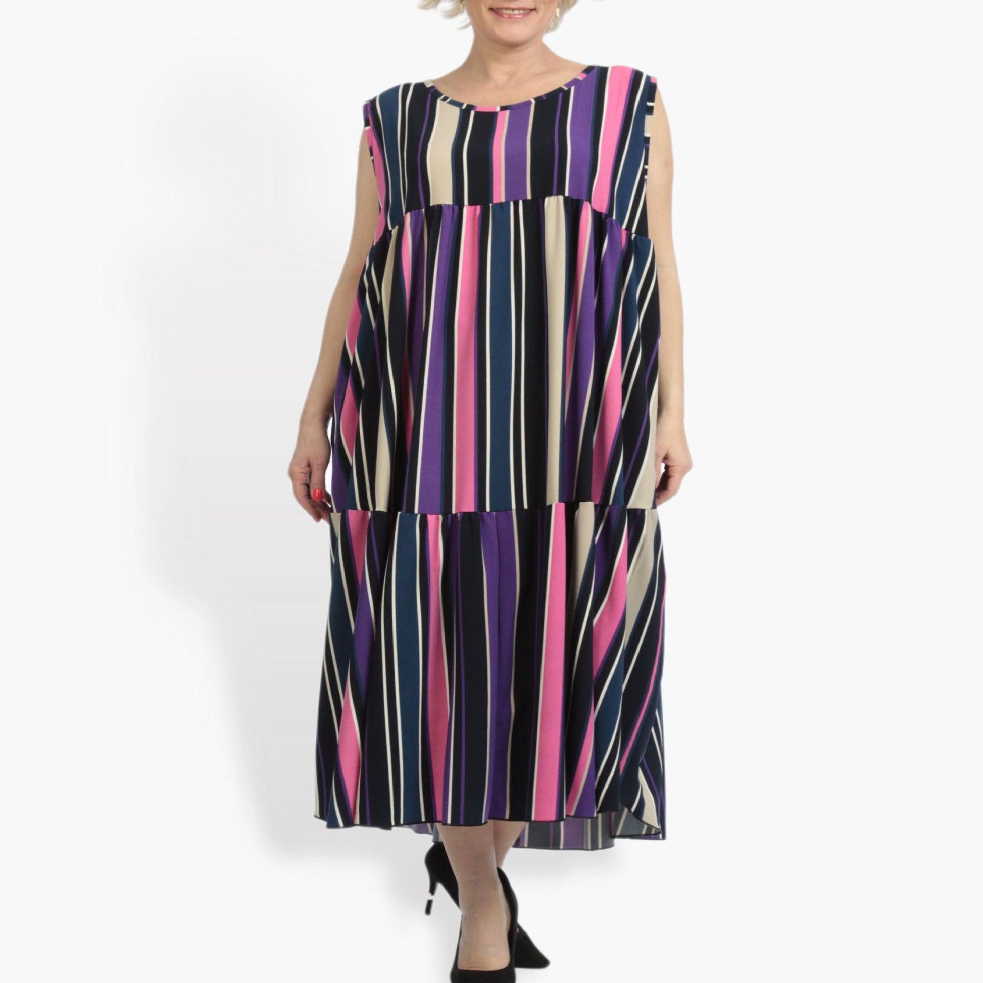  A-Form Kleid in lebhaftem Pink-Lila-Multi mit Streifen und praktischen Taschen für Plus Size