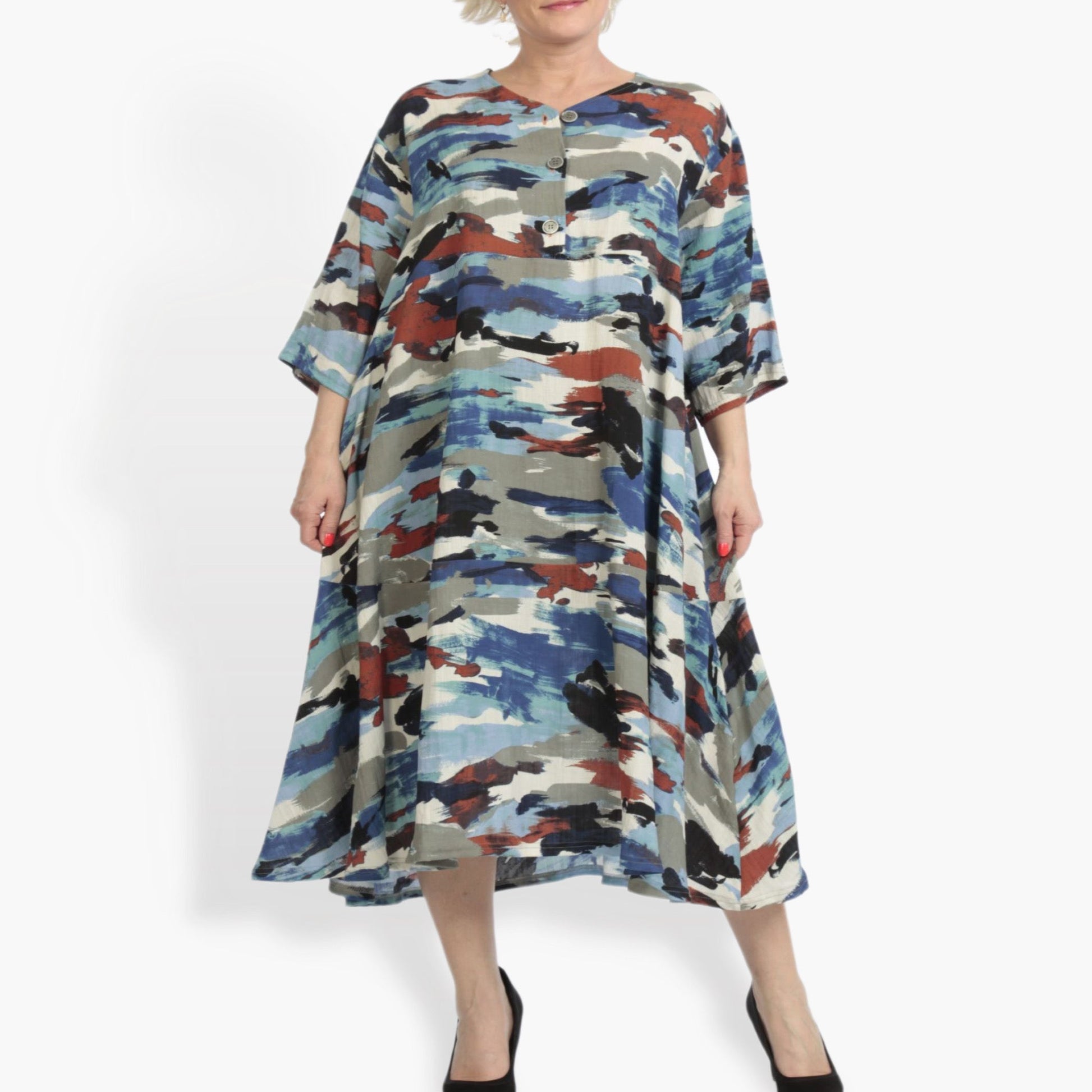  A-Form Kleid von AKH Fashion aus Rayon, 0840.00921, Blau-Multi, Kamuflage, Schick, Modern