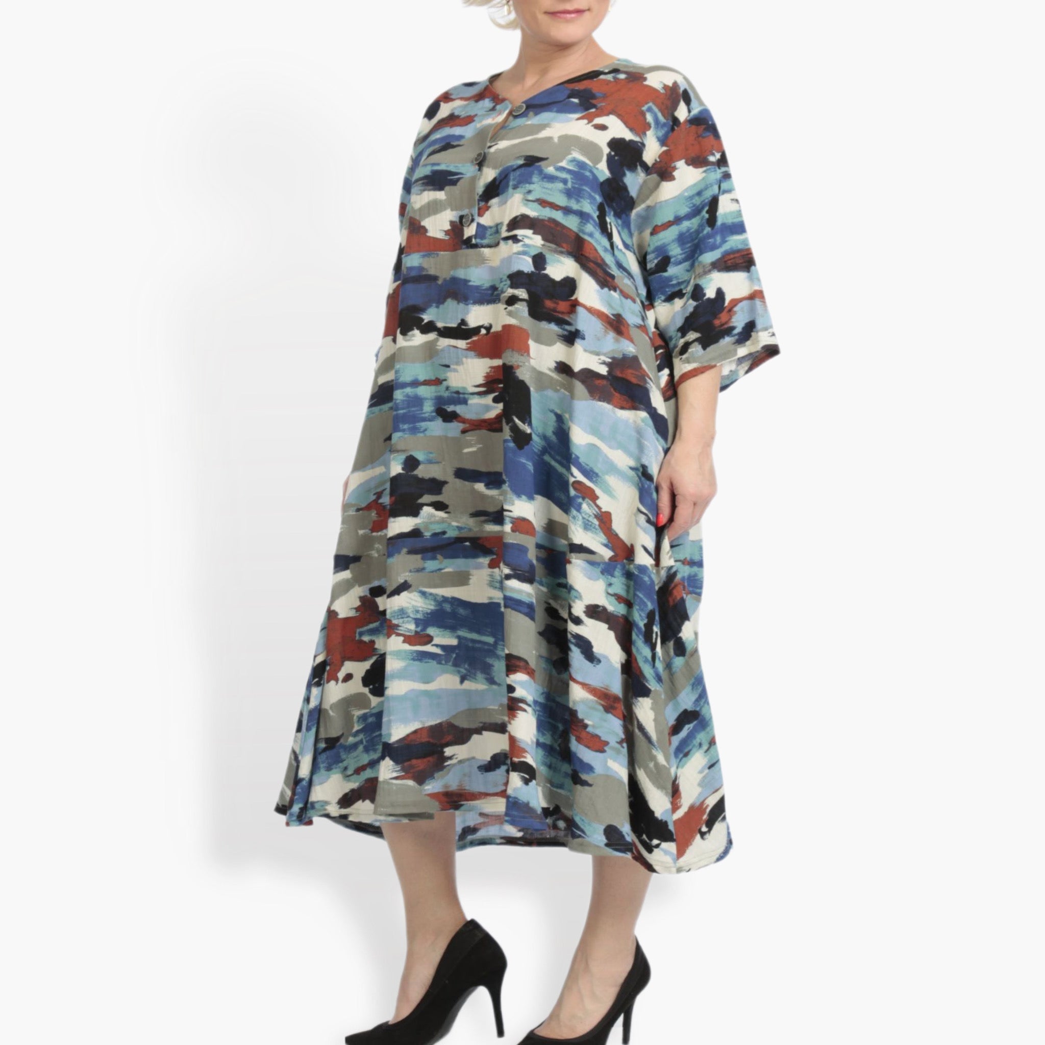  A-Form Kleid von AKH Fashion aus Rayon, 0840.00921, Blau-Multi, Kamuflage, Schick, Modern