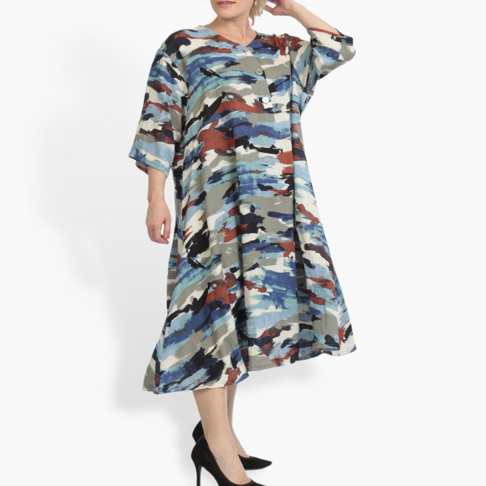  A-Form Kleid von AKH Fashion aus Rayon, 0840.00921, Blau-Multi, Kamuflage, Schick, Modern