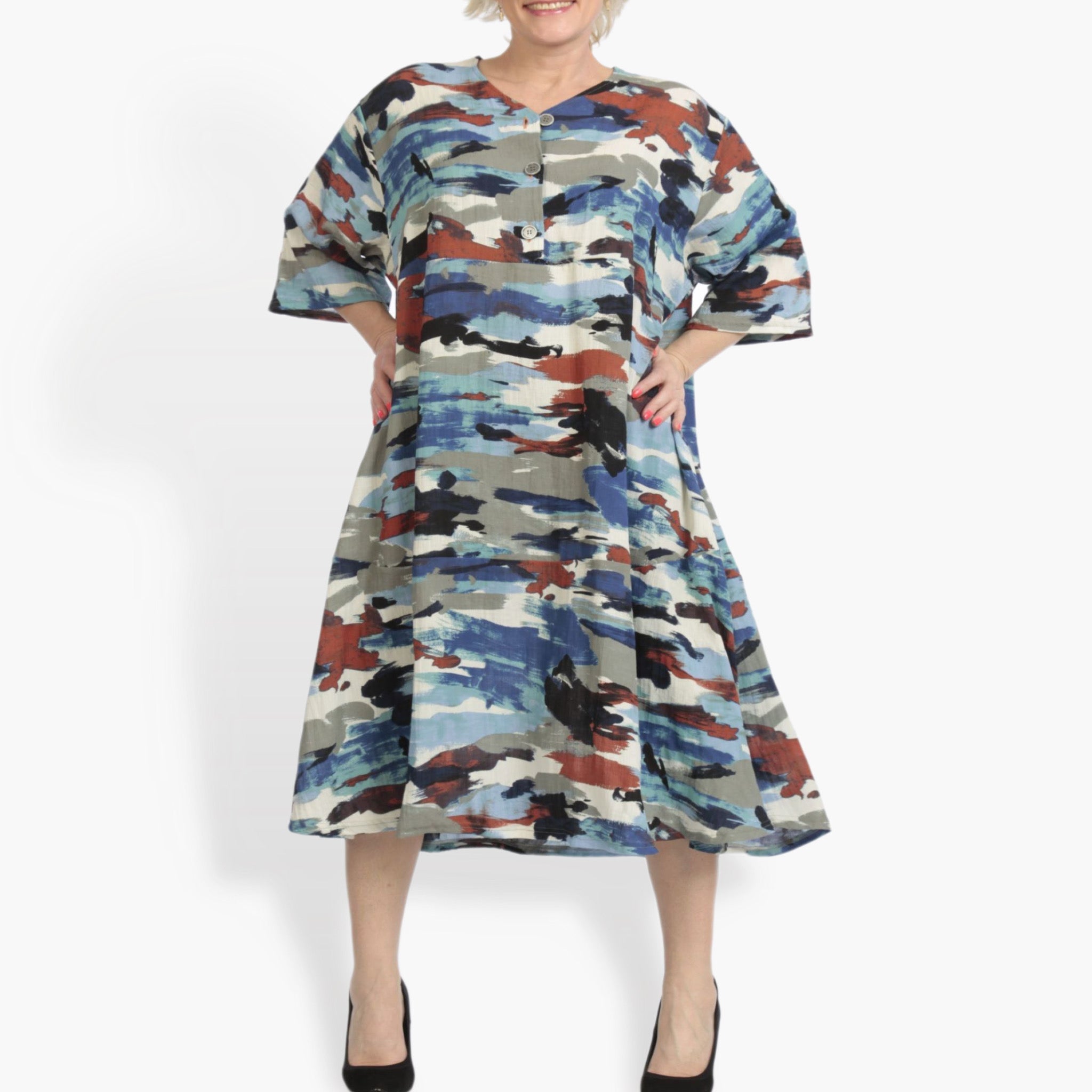  A-Form Kleid von AKH Fashion aus Rayon, 0840.00921, Blau-Multi, Kamuflage, Schick, Modern