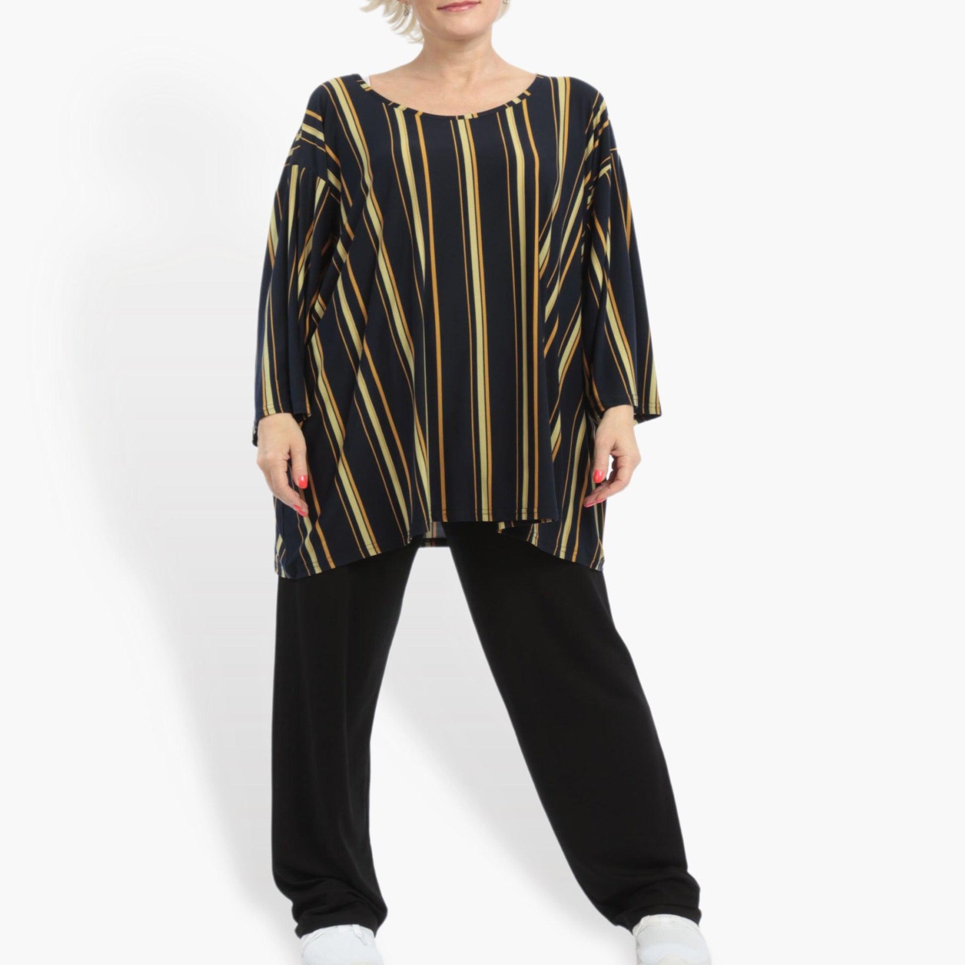  Kastiges Shirt in Marine-Gelb mit Streifen, 3/4-Ärmeln, ideal für Lagenlooks und Plus Size