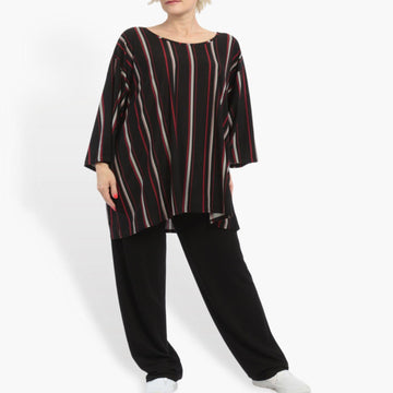  Stylisches Plus Size Shirt in Schwarz-Rot-Grau mit 3/4-Ärmeln und lässigem Streifenmuster