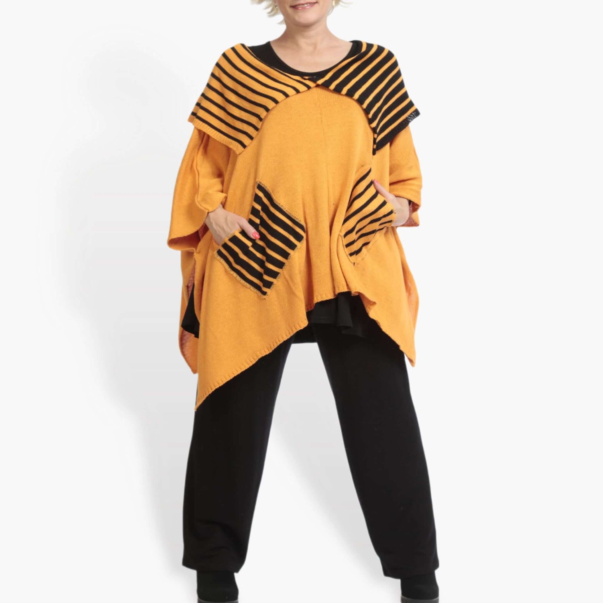  Kastiger Pullover im Lagenlook aus weicher Baumwolle in leuchtendem Orange-Schwarz für Plus-Size