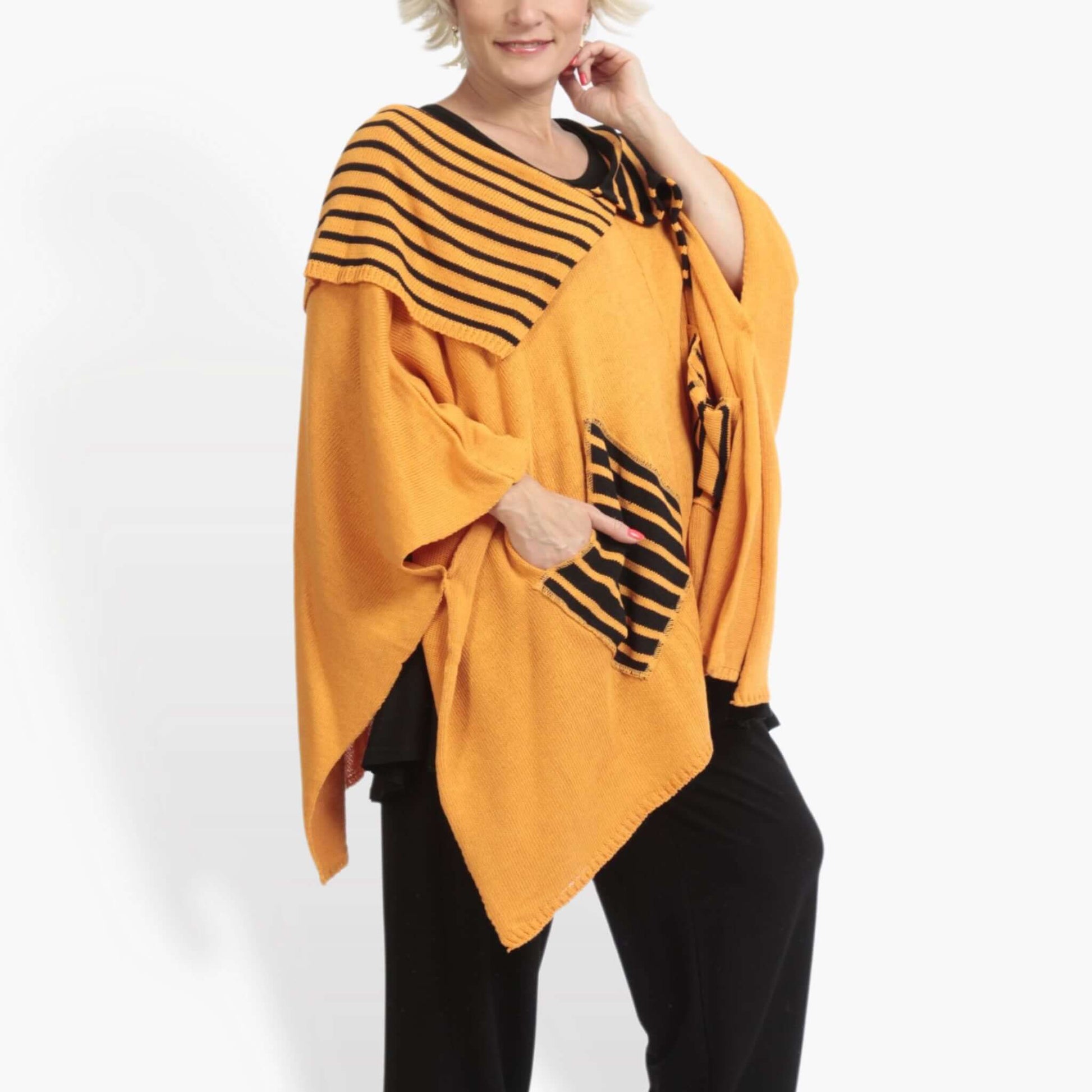  Kastiger Pullover im Lagenlook aus weicher Baumwolle in leuchtendem Orange-Schwarz für Plus-Size