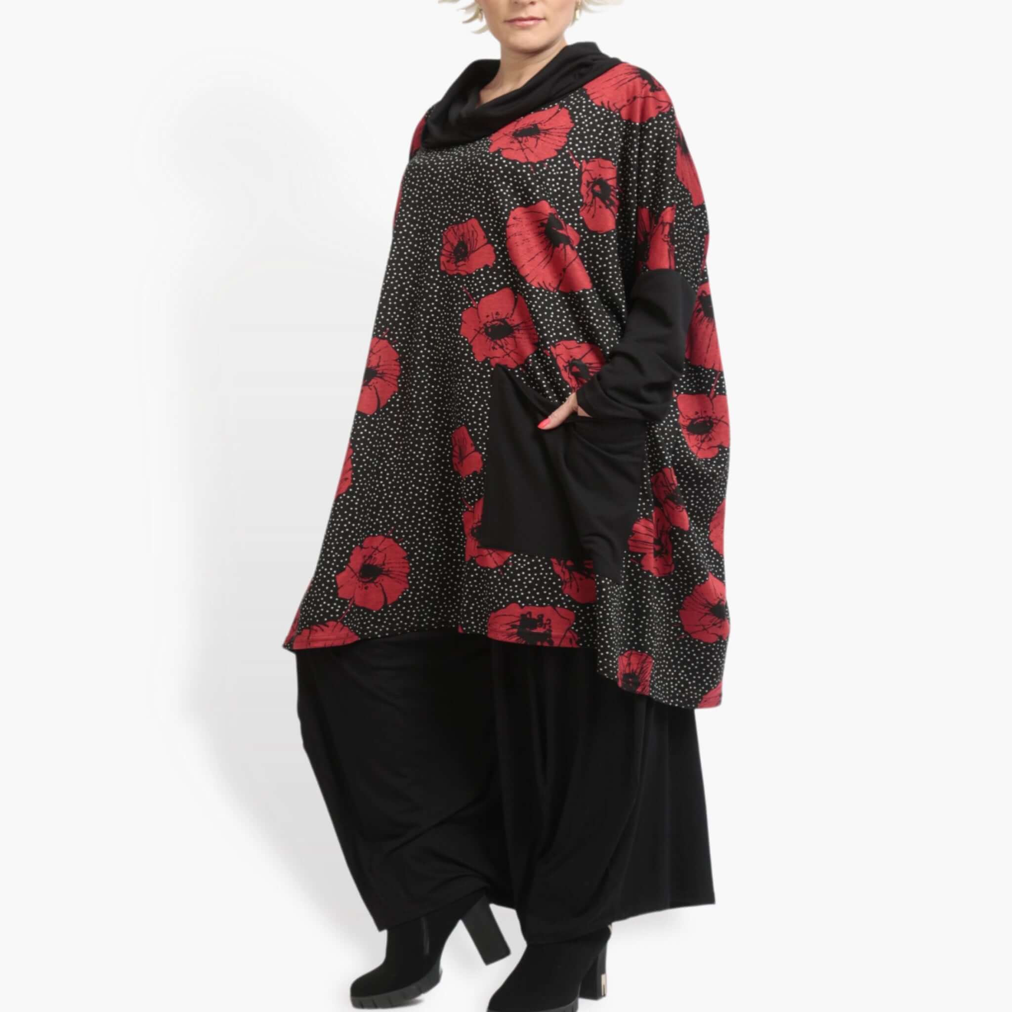  AKH Fashion Bigshirt in kastiger Form, aus Viskose, 0914.06807, Schwarz-Rot, Blumen, Schick