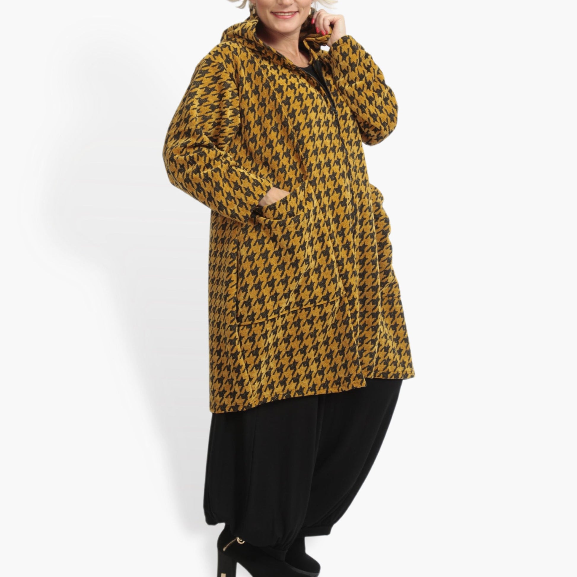  Trendige Ballonjacke in Senf-Schwarz für Plus Size im lässigen Oversize-Stil für den Herbst/Winter