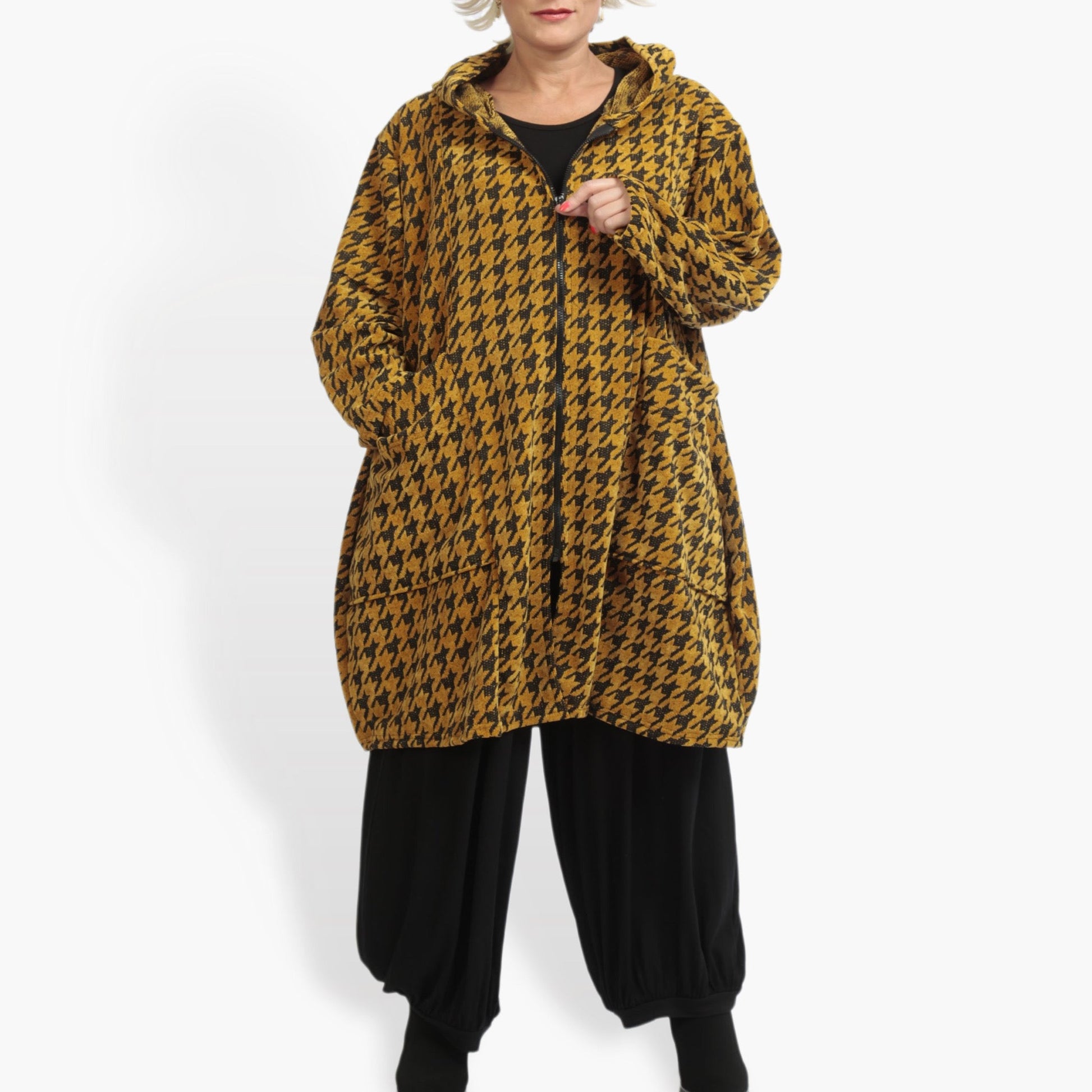  Trendige Ballonjacke in Senf-Schwarz für Plus Size im lässigen Oversize-Stil für den Herbst/Winter