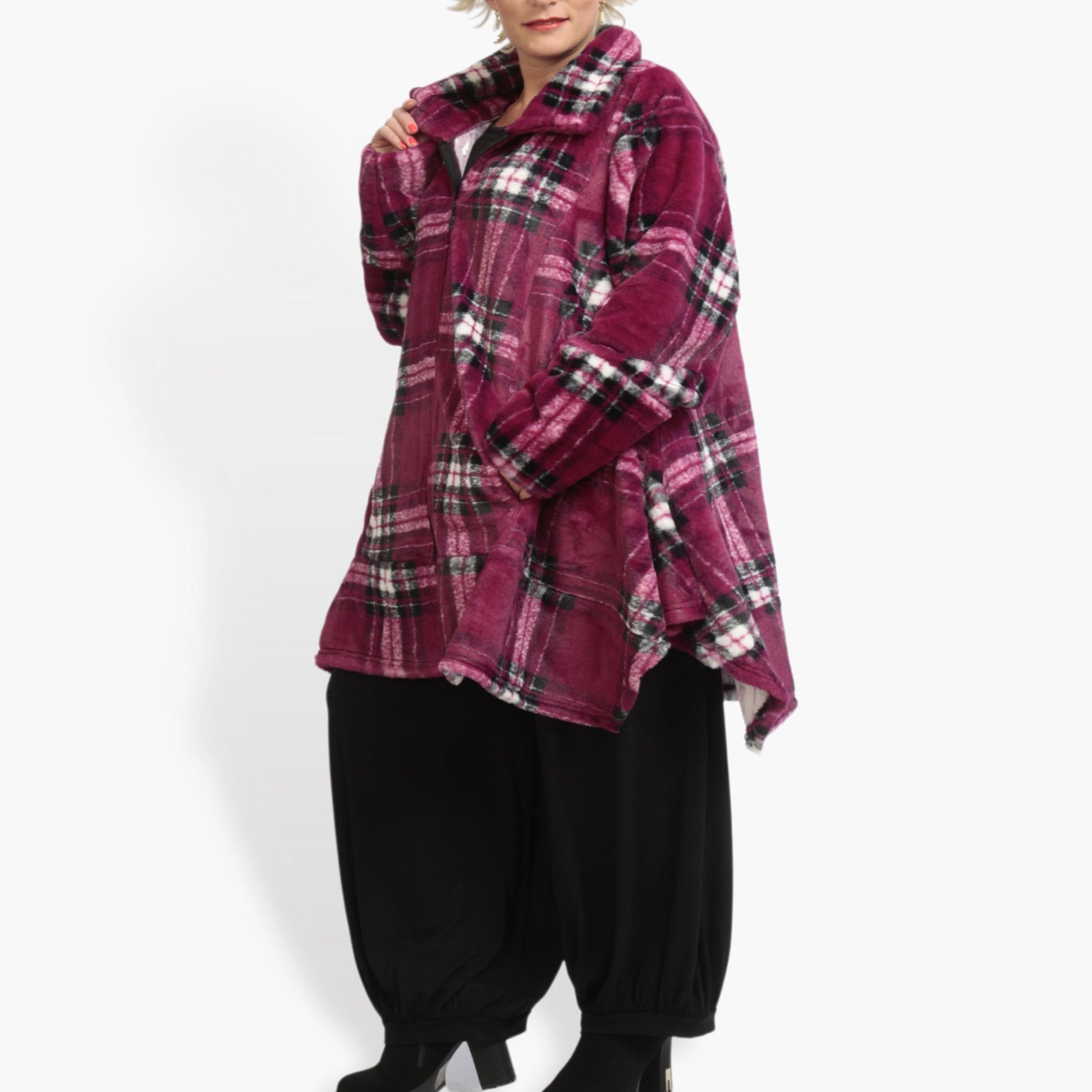  A-Form Jacke in lebhaftem Fuchsia-Muster für lässige Oversize Looks mit plüschiger Haptik