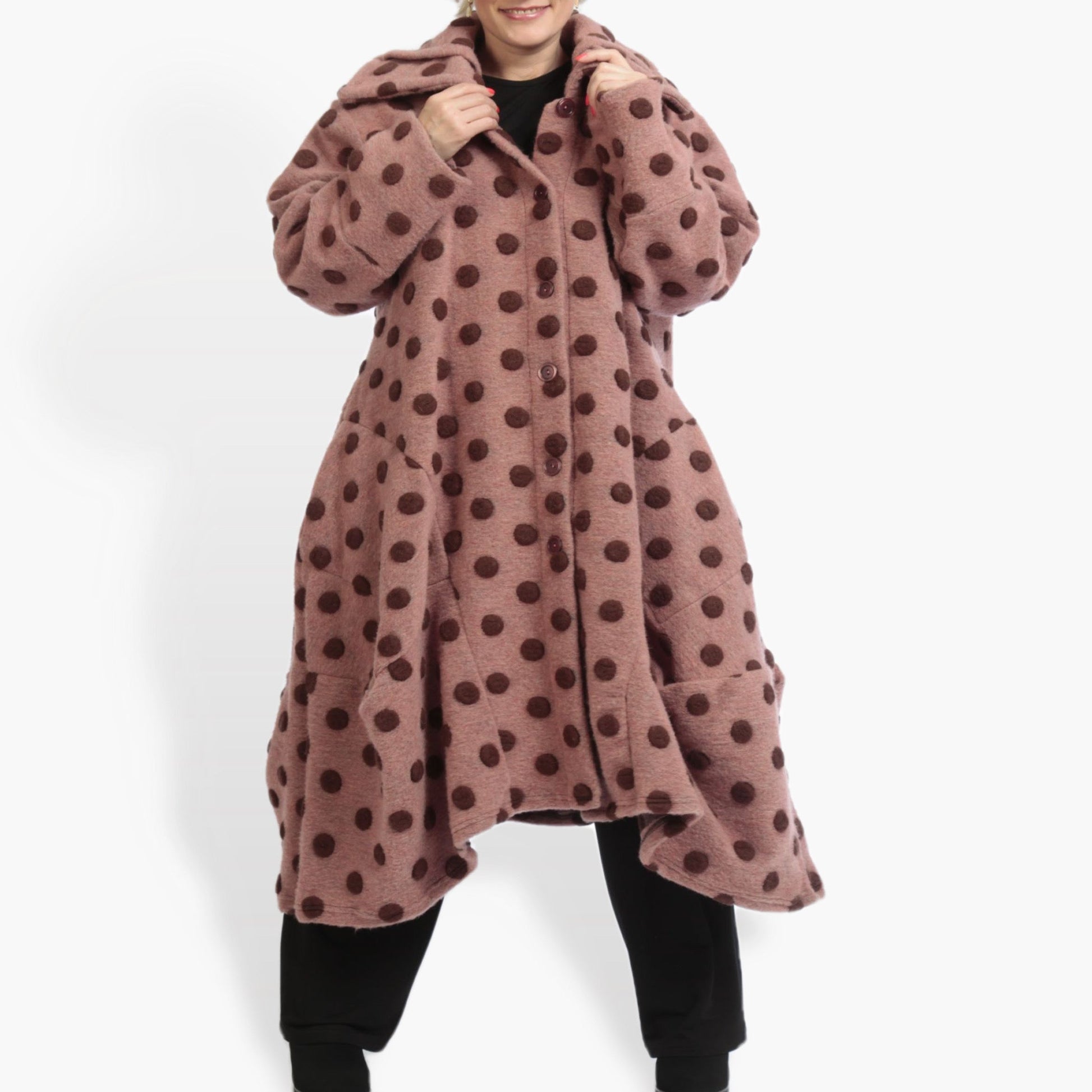  Ballonmantel in elegantem Altrosa mit Punkten, Oversize-Schnitt und praktischen Taschen für Plus Size