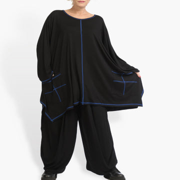  A-Form Bigshirt von AKH Fashion aus Viskose, 0933.06800, Schwarz-Blau, Unifarben, Ausgefallen