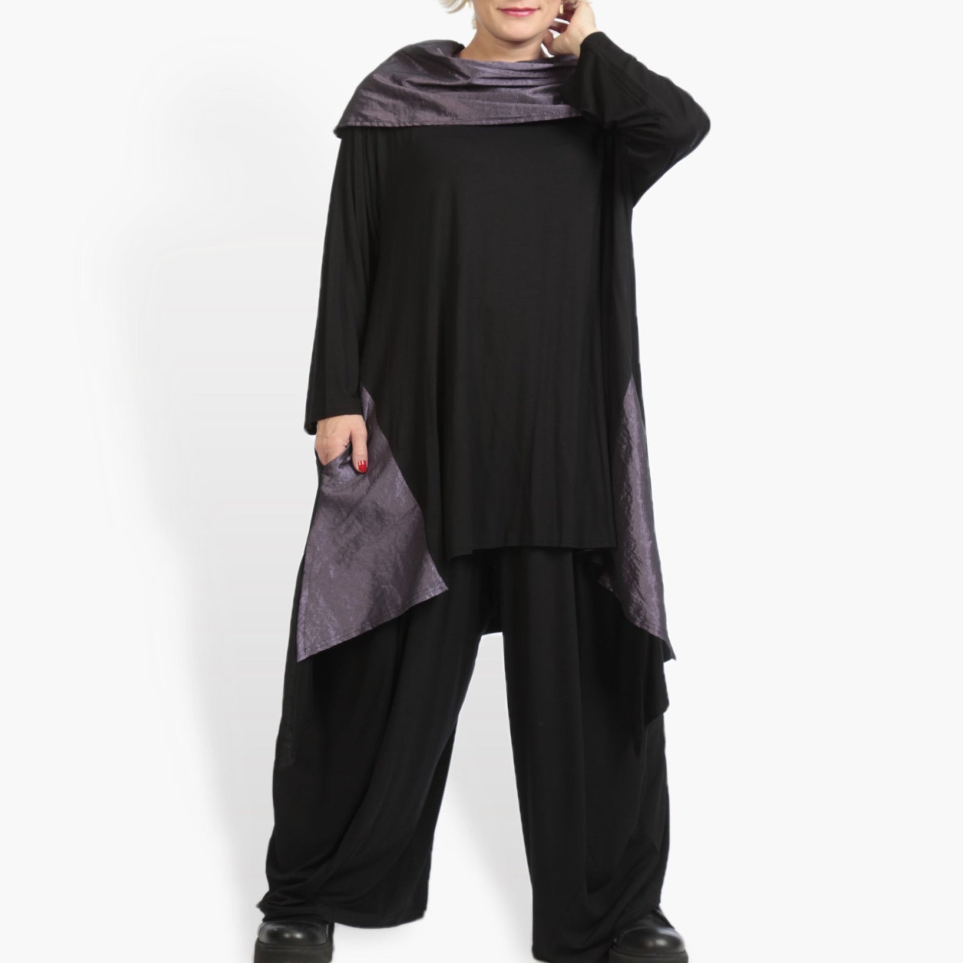  Oversize Shirt in elegantem Schwarz-Lila mit Langärmeln und Kragen für plus Size Mode