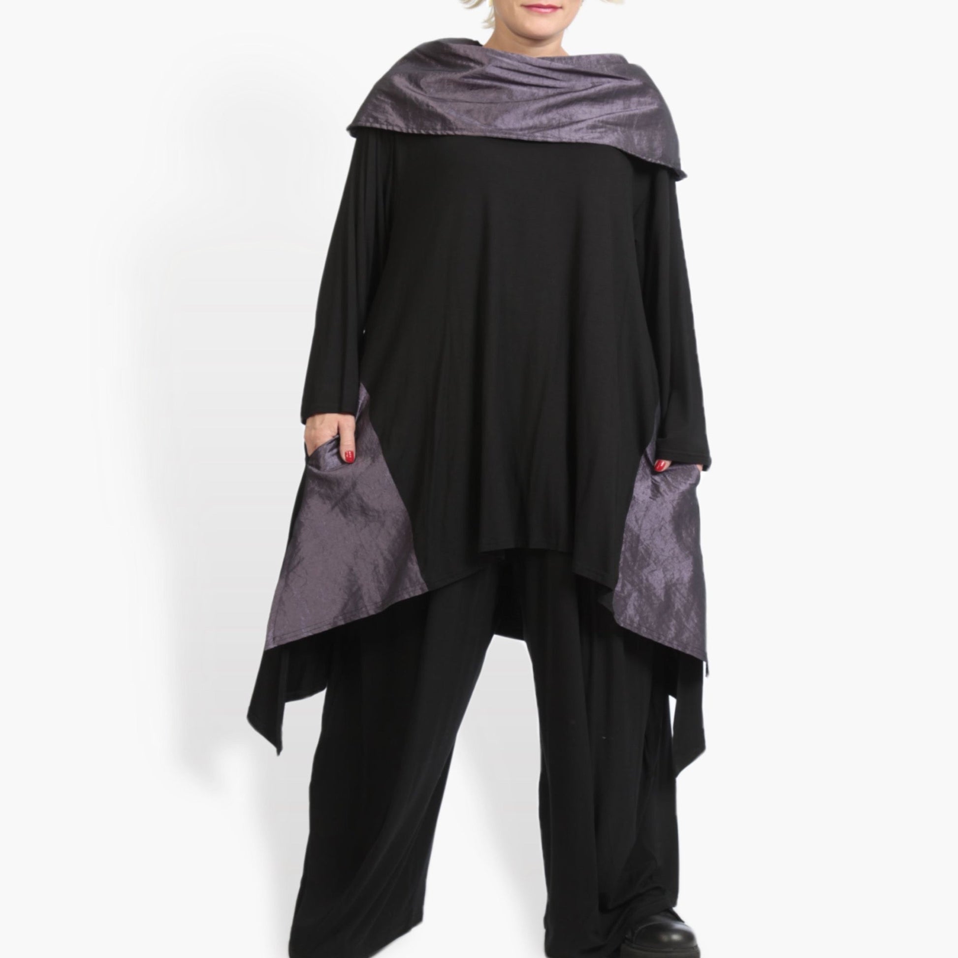  Oversize Shirt in elegantem Schwarz-Lila mit Langärmeln und Kragen für plus Size Mode