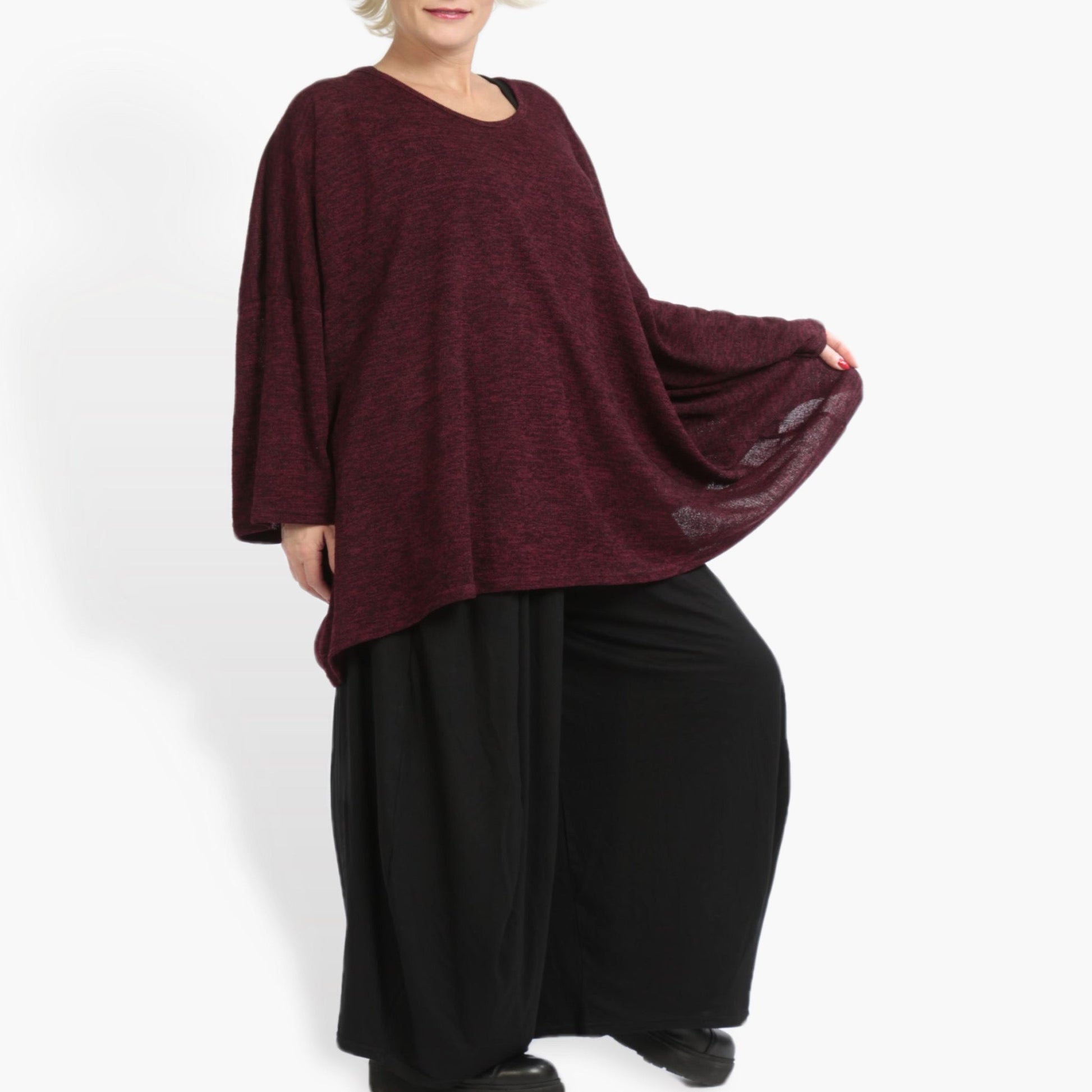  Legeres oversized Shirt in elegantem Weinrot mit angeschnittenen Ärmeln und Rundhalsausschnitt