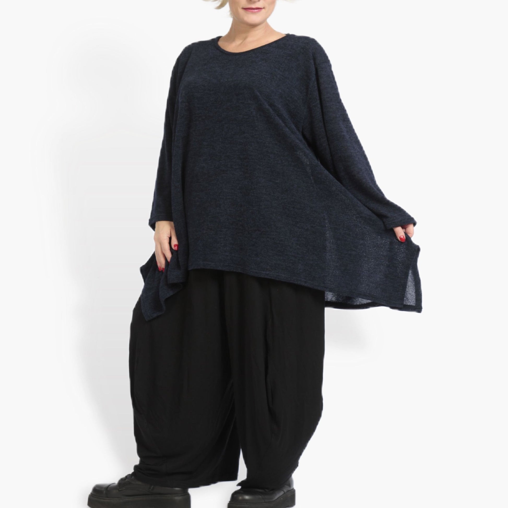  Lagenlook A-Form Shirt in elegantem Dunkelblau für Plus Size und Oversize-Stile, weich und stretchig