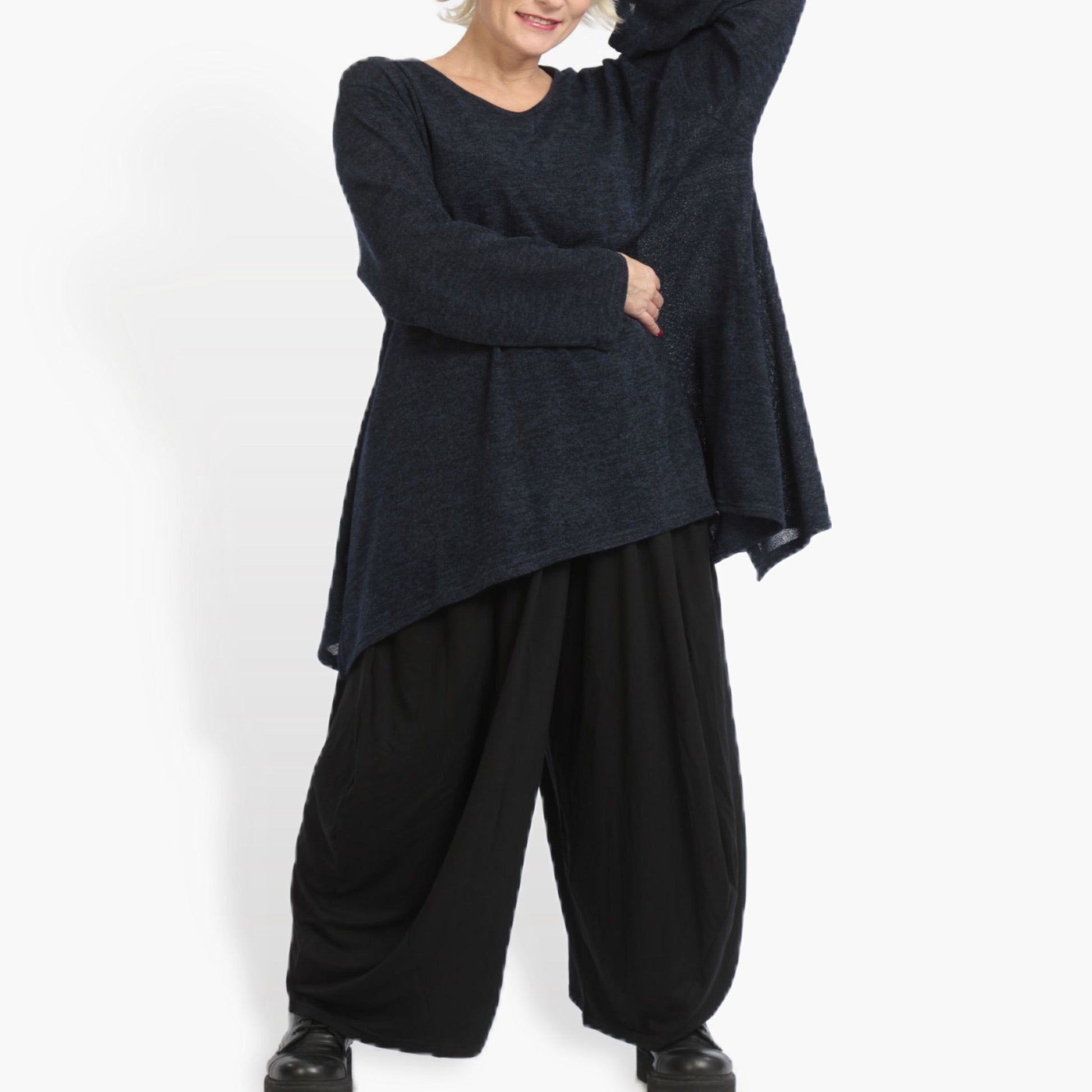  Lagenlook A-Form Shirt in elegantem Dunkelblau für Plus Size und Oversize-Stile, weich und stretchig